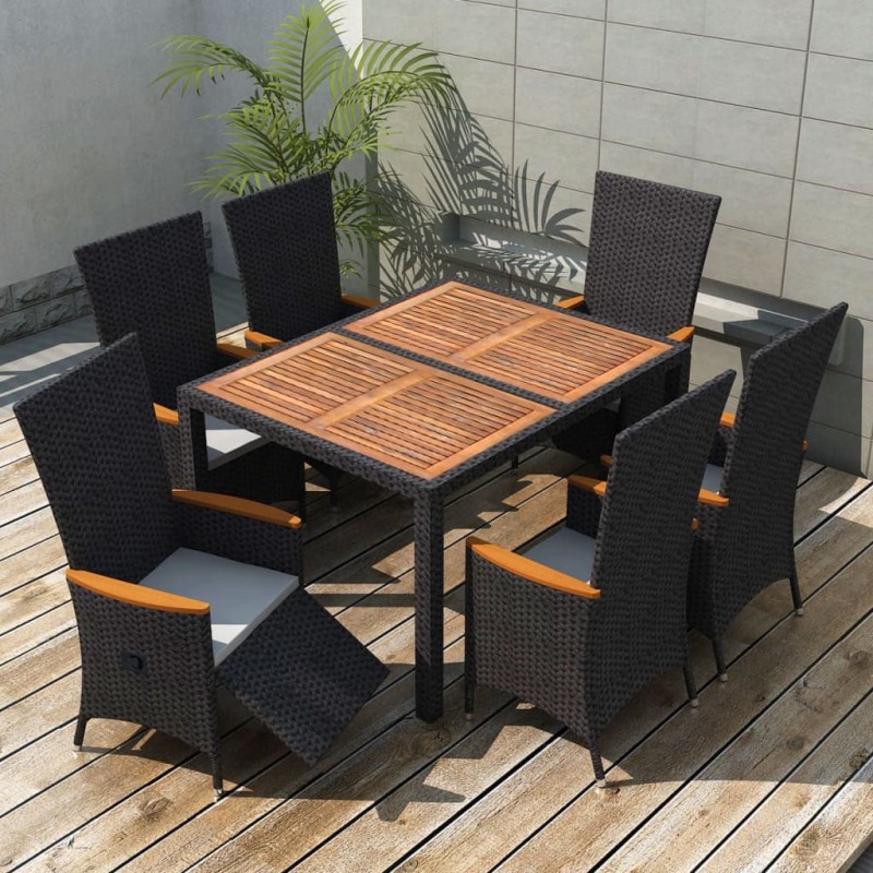 7 pcs conjunto jantar p/ exterior vime PE madeira acácia preto-Conjuntos de jardim-Home Retail