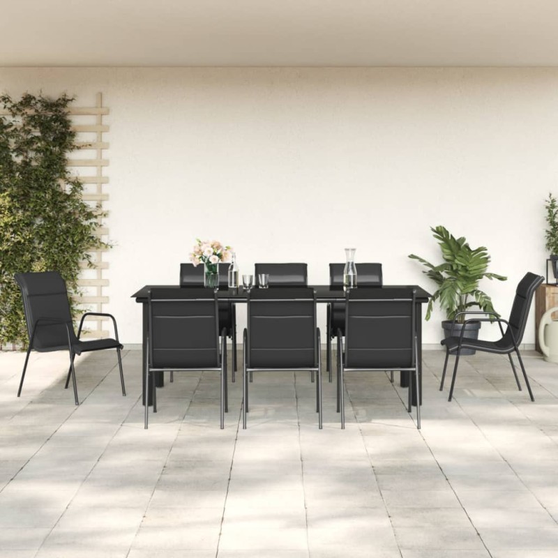 9 pcs conjunto de jantar para jardim aço e textilene preto-Conjuntos de jardim-Home Retail