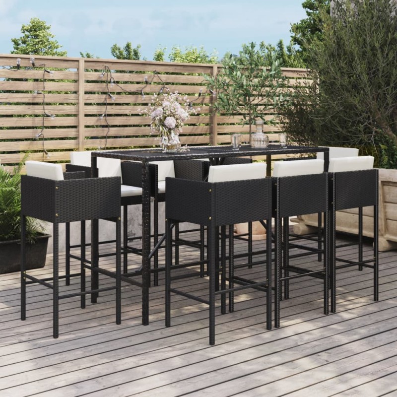 9 pcs conjunto de bar para jardim c/ almofadões vime PE preto-Conjuntos de jardim-Home Retail