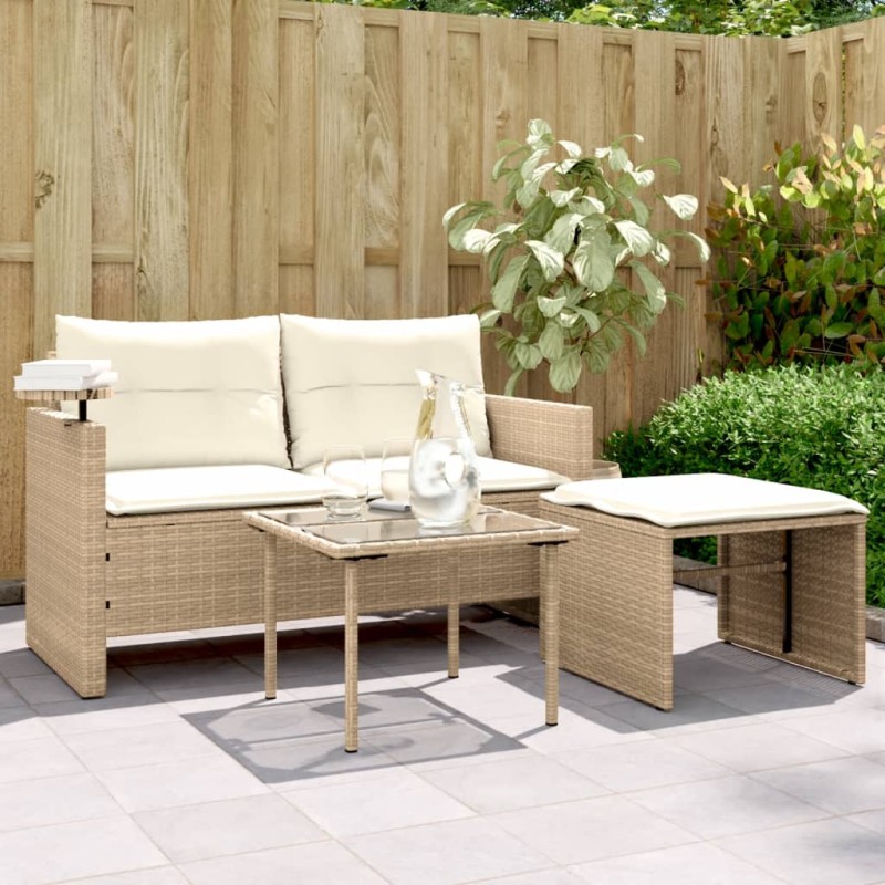 3 pcs conjunto de sofás p/ jardim com almofadões vime PE bege-Sofás para exterior-Home Retail