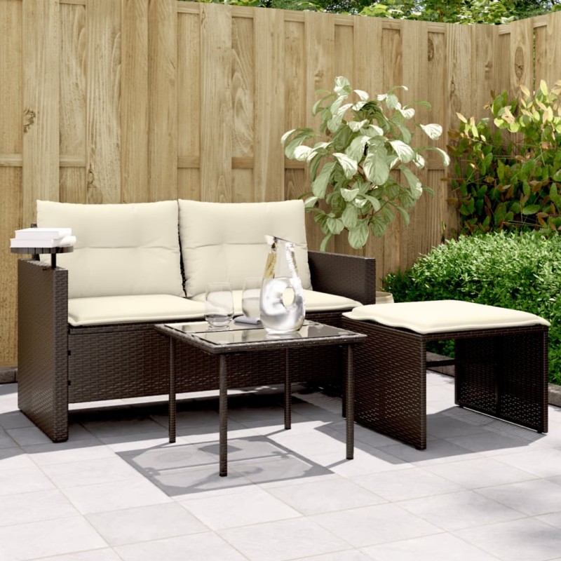 3 pcs conjunto sofás de jardim com almofadões vime PE castanho-Sofás para exterior-Home Retail