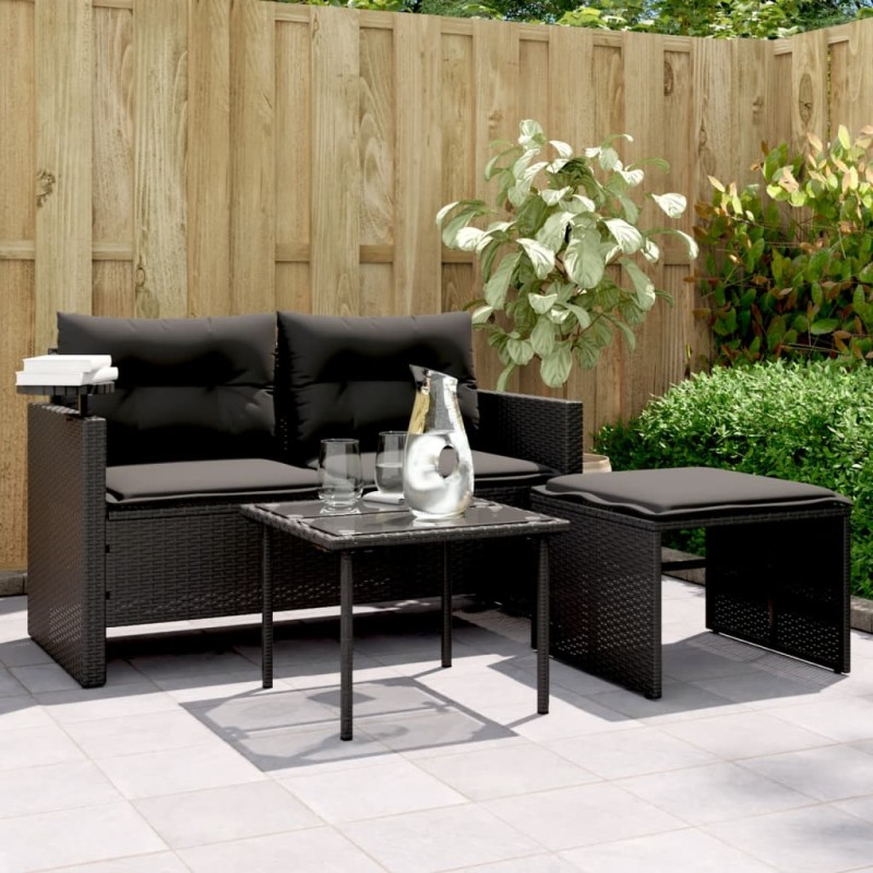 3 pcs conjunto sofás de jardim com almofadões vime PE preto-Sofás para exterior-Home Retail