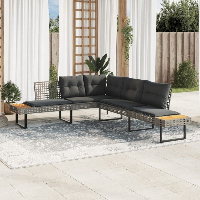 Sofá de jardim em forma de L c/ almofadões vime PE/acácia cinza-Sofás para exterior-Home Retail