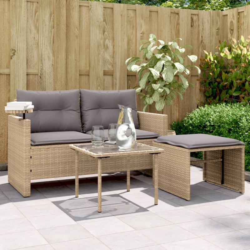 3 pcs conjunto de sofás p/ jardim com almofadões vime PE bege-Sofás para exterior-Home Retail