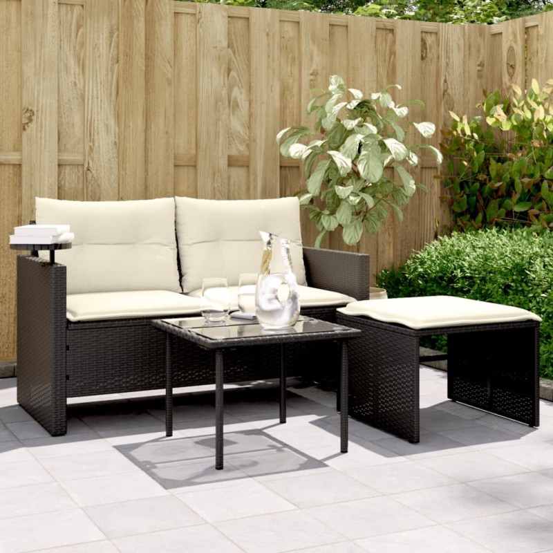 3 pcs conjunto sofás de jardim com almofadões vime PE preto-Sofás para exterior-Home Retail