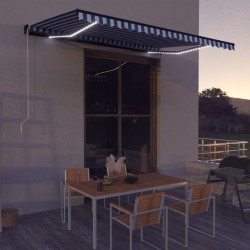 Toldo retrátil manual com LEDs 450x300 cm azul e branco