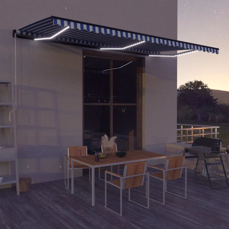 Toldo retrátil manual com LED 600x300 cm azul e branco-Toldos para janelas e portas-Home Retail