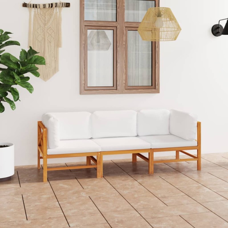 Sofá de jardim 3 lugares c/ almofadões cor creme teca maciça-Conjuntos de jardim-Home Retail