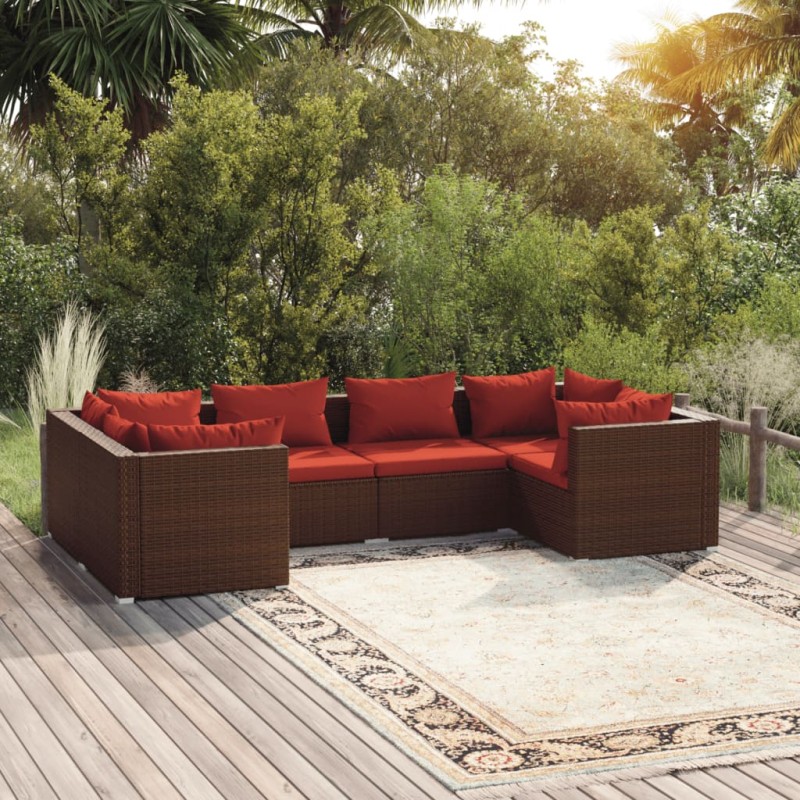 6 pcs conjunto lounge jardim c/ almofadões vime PE castanho-Conjuntos de jardim-Home Retail