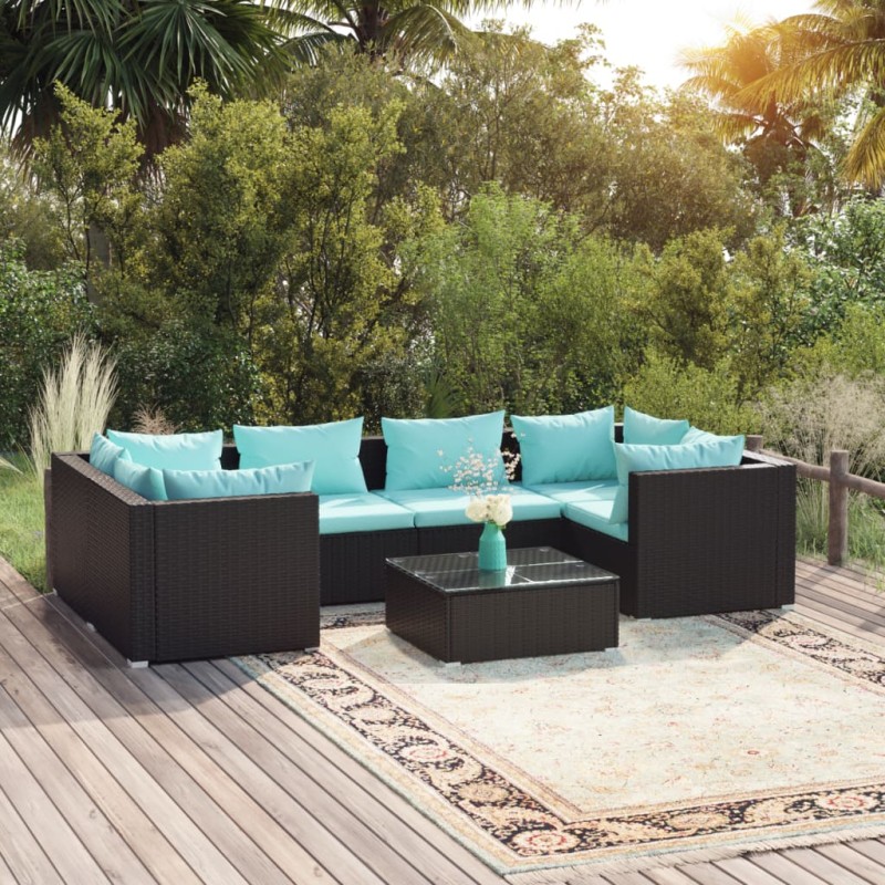 7 pcs conjunto lounge de jardim c/ almofadões vime PE preto-Conjuntos de jardim-Home Retail