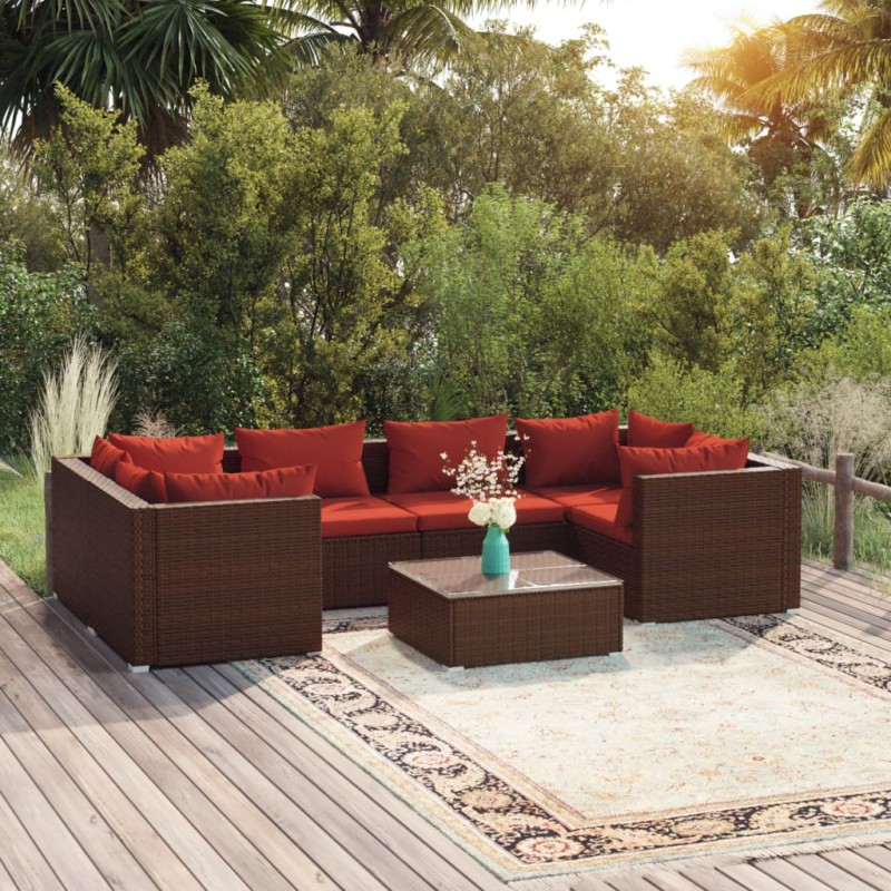 7 pcs conjunto lounge jardim c/ almofadões vime PE castanho-Conjuntos de jardim-Home Retail