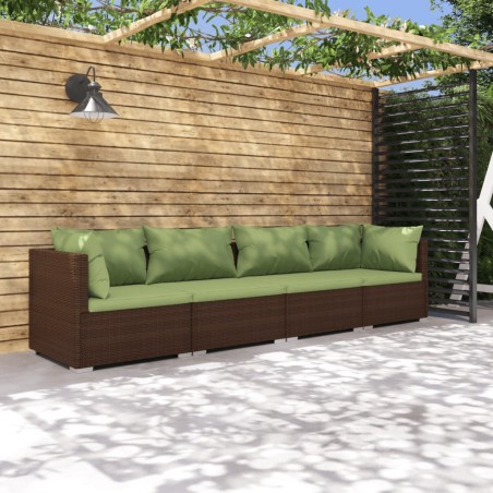 4 pcs conjunto lounge jardim c/ almofadões vime PE castanho