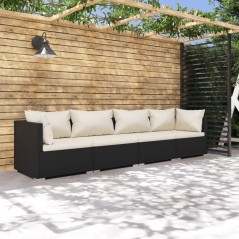 4 pcs conjunto lounge de jardim c/ almofadões vime PE preto