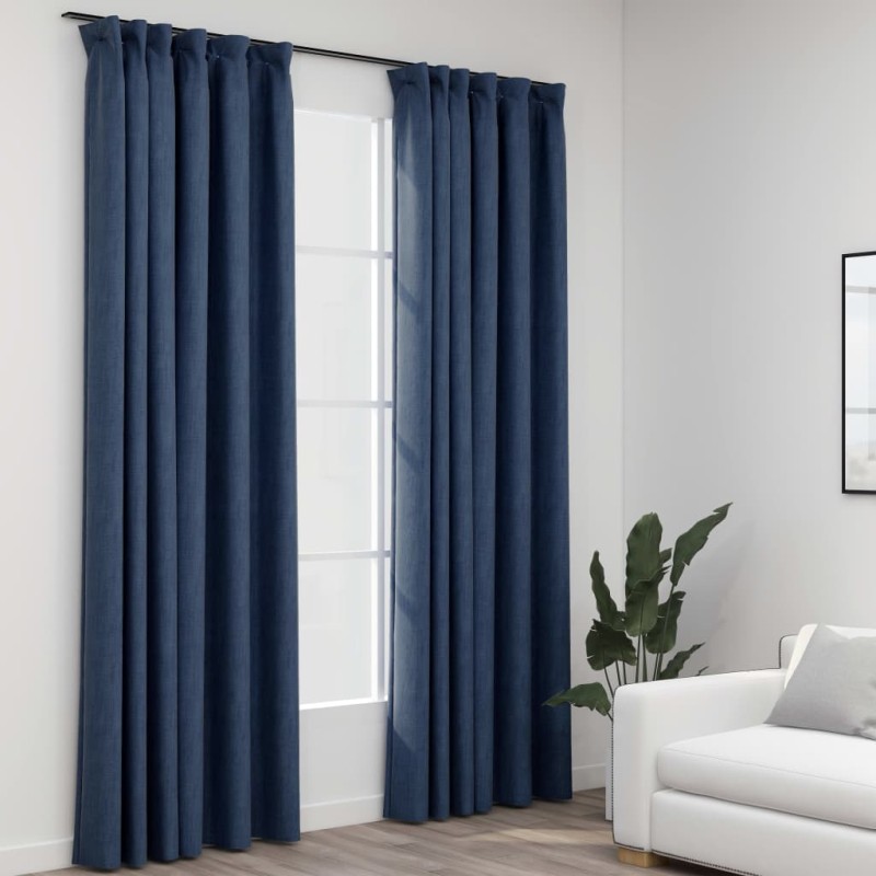 Cortinas opacas aspeto linho com ganchos 2 pcs 140x225 cm azul-Persianas e cortinas-Home Retail