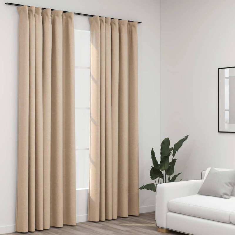 Cortinas opacas aspeto linho c/ ganchos 2 pcs 140x225 cm bege-Persianas e cortinas-Home Retail