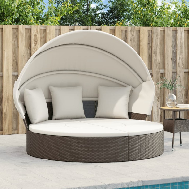 Cama lounge de exterior c/ toldo e almofadões vime PE castanho-Camas de jardim-Home Retail