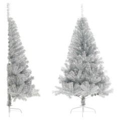 Meia árvore de Natal artificial com suporte 150 cm PET prateado