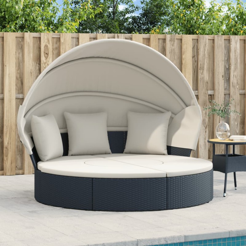 Cama lounge de exterior c/ toldo e almofadões vime PE preto-Camas de jardim-Home Retail