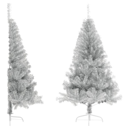 Meia árvore de Natal artificial com suporte 120 cm PET prateado