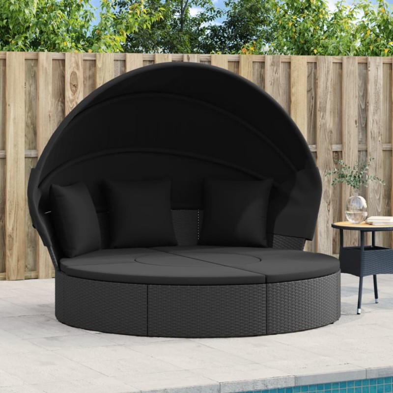 Cama lounge de exterior c/ toldo e almofadões vime PE preto-Camas de jardim-Home Retail