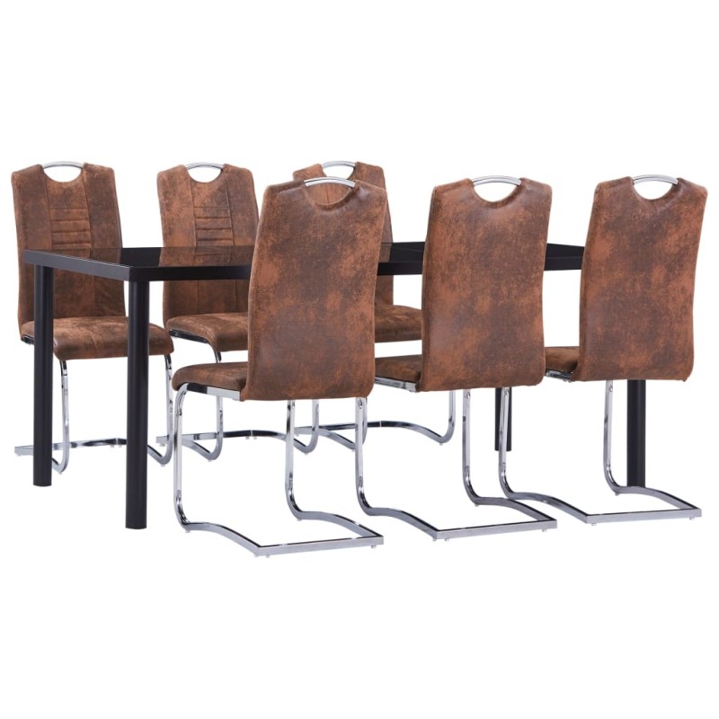 7 pcs conjunto de jantar camurça artificial castanho-Conjuntos de móveis para cozinha e sala de jantar-Home Retail