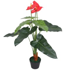 Planta antúrio artificial com vaso 90 cm vermelho e amarelo