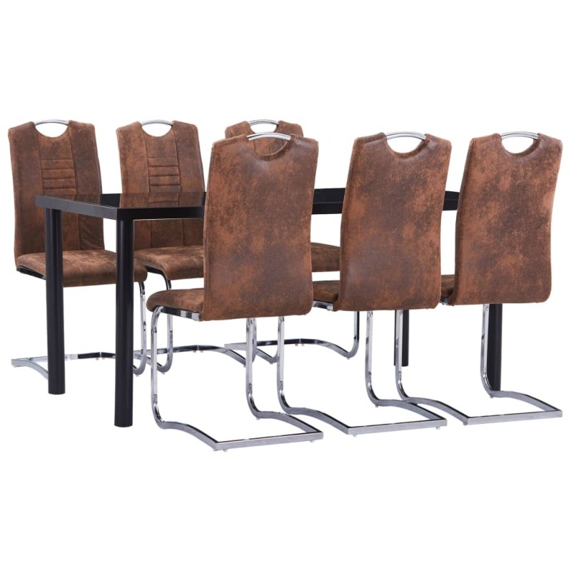 7 pcs conjunto de jantar camurça artificial castanho-Conjuntos de móveis para cozinha e sala de jantar-Home Retail