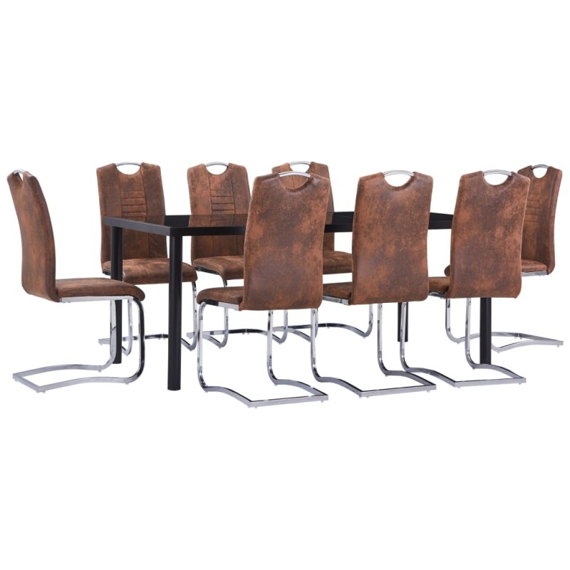 9 pcs conjunto de jantar camurça artificial castanho-Conjuntos de móveis para cozinha e sala de jantar-Home Retail