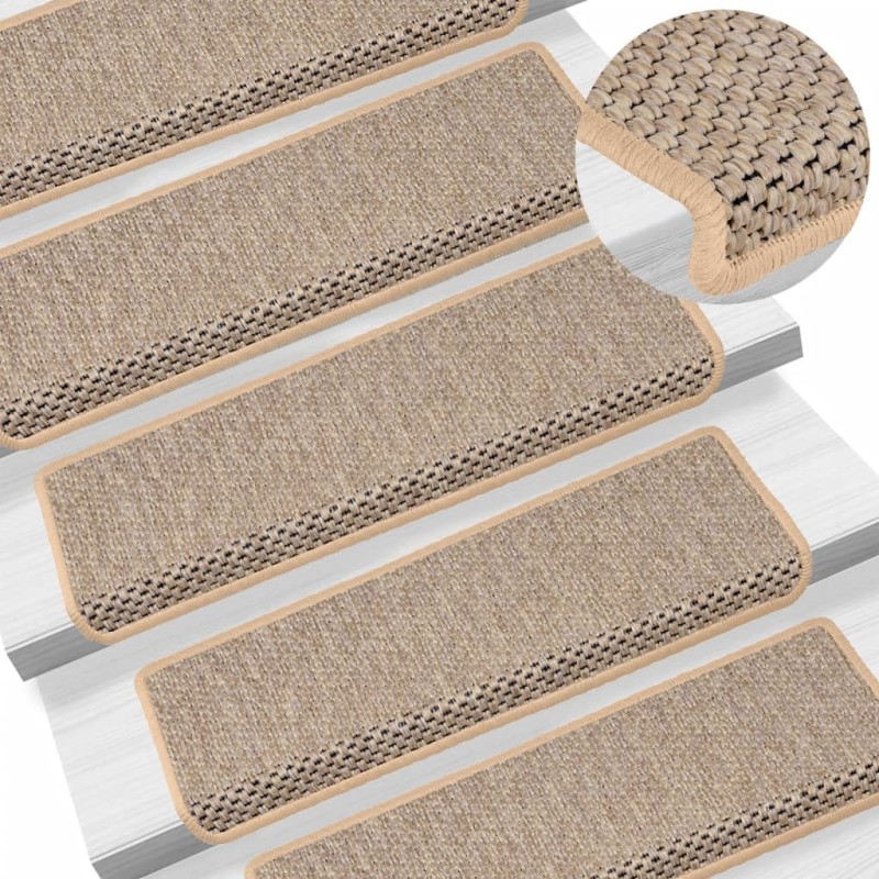 Tapetes escada adesivos aspeto sisal 15pcs 65x21x4cm bege-claro-Tapetes antiderrapantes para degraus-Home Retail