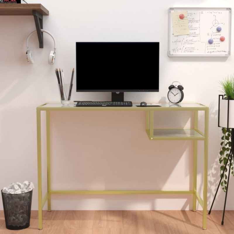 Mesa de computador vidro 100x36x74 cm branco e dourado-Escrivaninhas-Home Retail