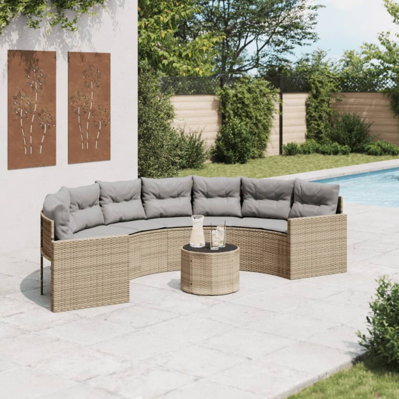 Sofá de jardim com mesa e almofadões semicircular vime PE bege-Sofás para exterior-Home Retail