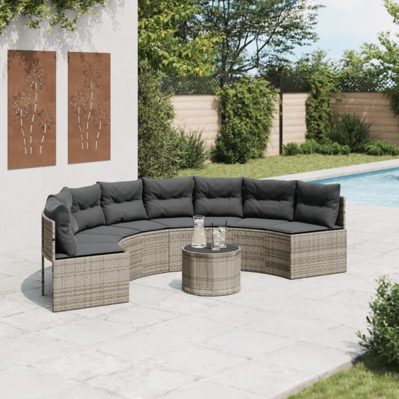 Sofá de jardim com mesa e almofadões semicircular vime PE cinza-Sofás para exterior-Home Retail