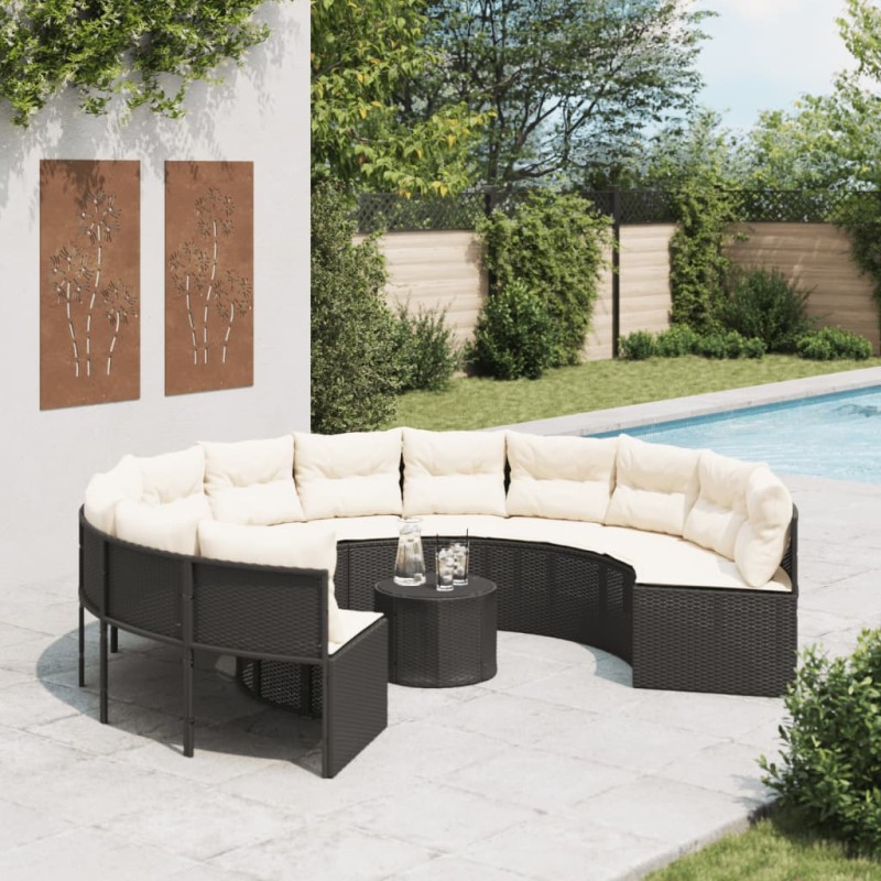 Sofá de jardim com mesa e almofadões redondo vime PE preto-Sofás para exterior-Home Retail