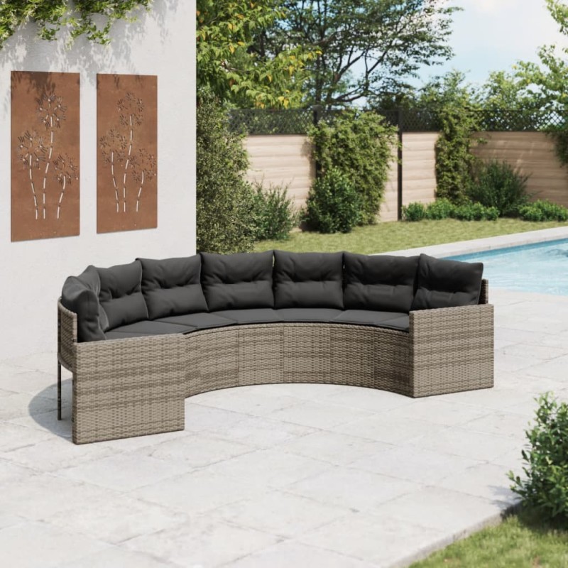 Sofá de jardim com almofadões semicircular vime PE cinzento-Sofás para exterior-Home Retail