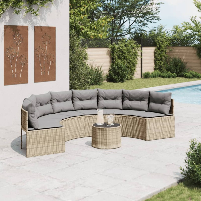 Sofá de jardim com mesa e almofadões semicircular vime PE bege-Sofás para exterior-Home Retail