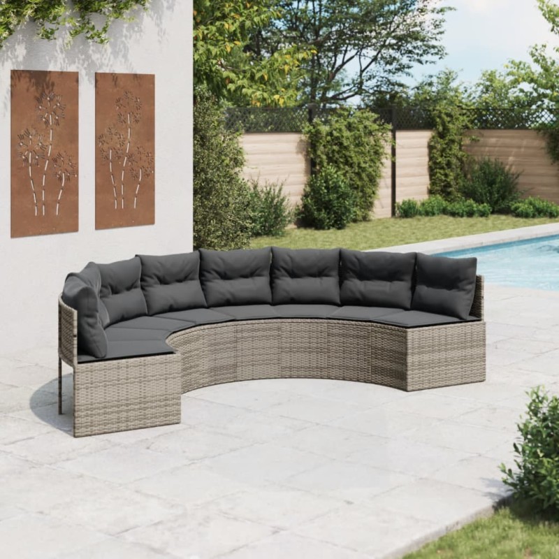 Sofá de jardim com almofadões semicircular vime PE cinzento-Sofás para exterior-Home Retail