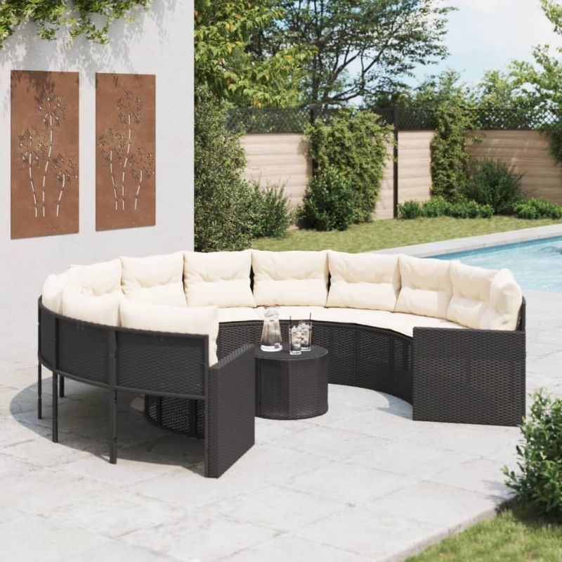 Sofá de jardim com mesa e almofadões redondo vime PE preto-Sofás para exterior-Home Retail