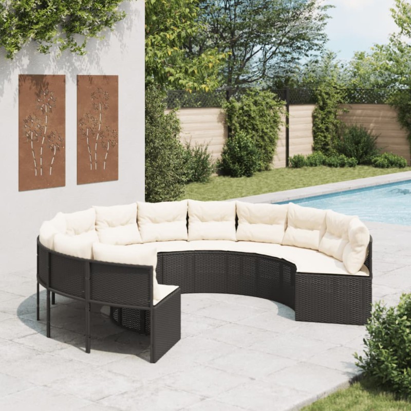 Sofá de jardim com almofadões redondo vime PE preto-Sofás para exterior-Home Retail