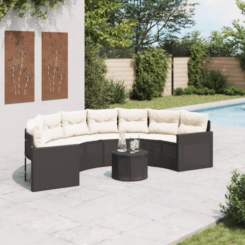 Sofá de jardim com mesa e almofadões semicircular vime PE preto-Sofás para exterior-Home Retail