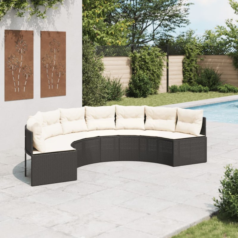 Sofá de jardim com almofadões semicircular vime PE preto-Sofás para exterior-Home Retail