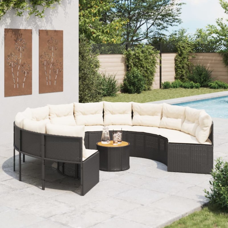 Sofá de jardim com mesa e almofadões redondo vime PE preto-Sofás para exterior-Home Retail