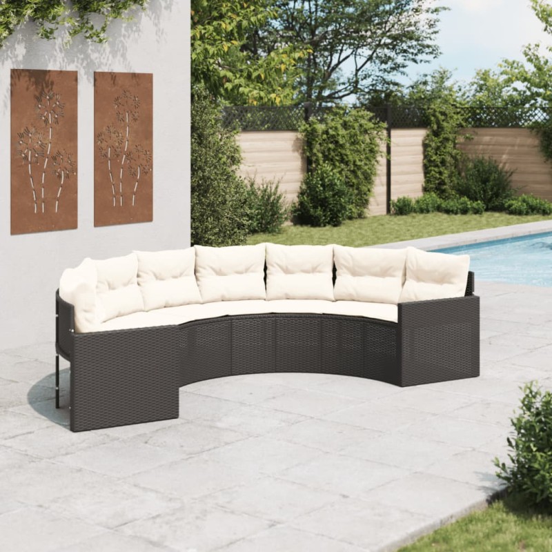 Sofá de jardim com almofadões semicircular vime PE preto-Sofás para exterior-Home Retail