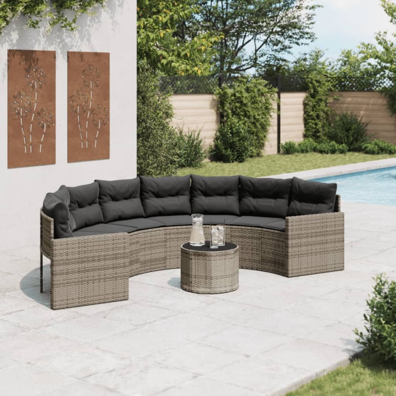 Sofá de jardim com mesa e almofadões semicircular vime PE cinza-Sofás para exterior-Home Retail