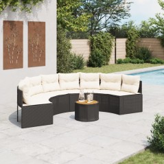 Sofá de jardim com mesa e almofadões semicircular vime PE preto