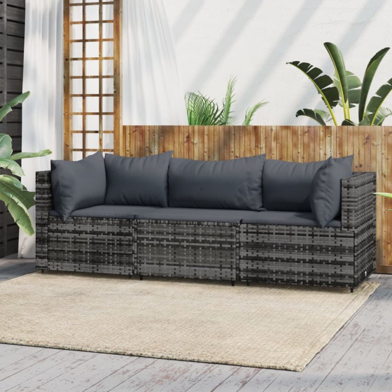 3 pcs conjunto lounge de jardim c/ almofadões vime PE cinzento-Sofás para exterior-Home Retail