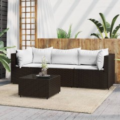 4 pcs conjunto lounge jardim c/ almofadões vime PE castanho