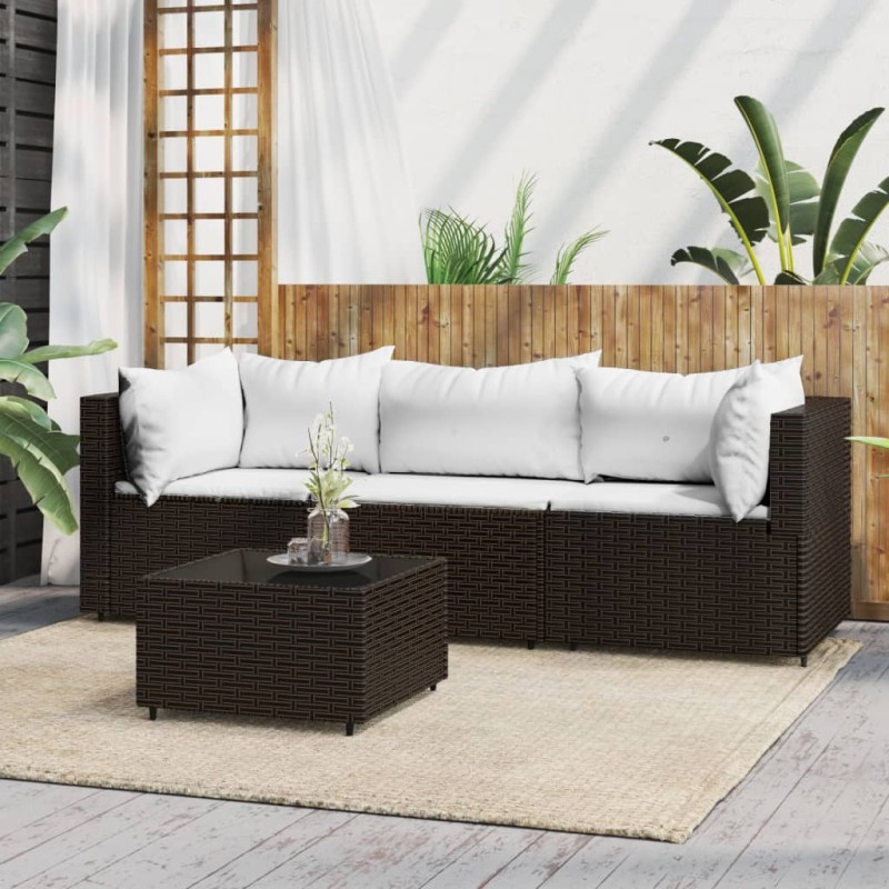 4 pcs conjunto lounge jardim c/ almofadões vime PE castanho-Sofás para exterior-Home Retail