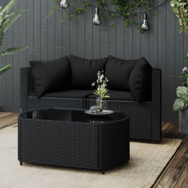 3 pcs conjunto lounge de jardim c/ almofadões vime PE preto-Sofás para exterior-Home Retail