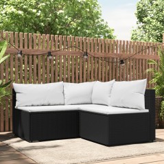 3 pcs conjunto lounge de jardim c/ almofadões vime PE preto