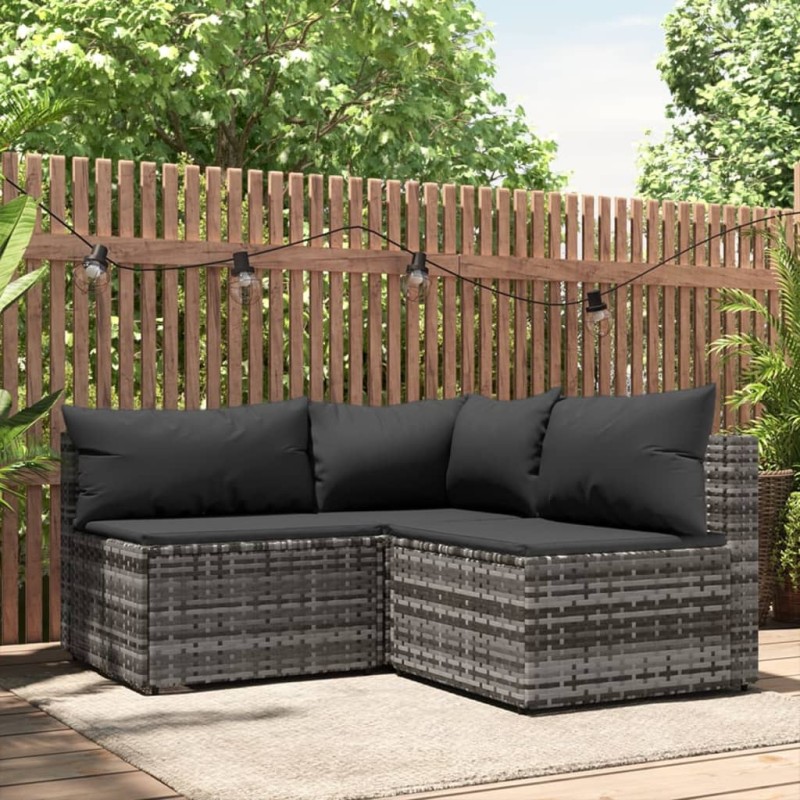 3 pcs conjunto lounge de jardim c/ almofadões vime PE cinzento-Sofás para exterior-Home Retail